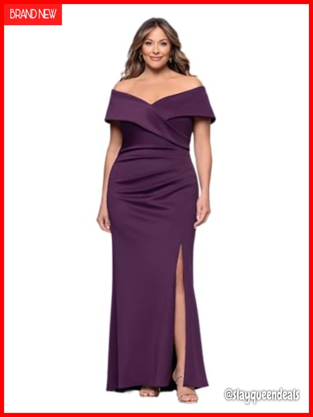 Scuba Off Shoulder Ruched Slit Floor Length Formal Dress Plus